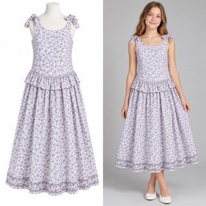 Mousefeathers Dress Girls 14 Pink Floral Gingham Ruffle Tier Tie Shoulder Midi